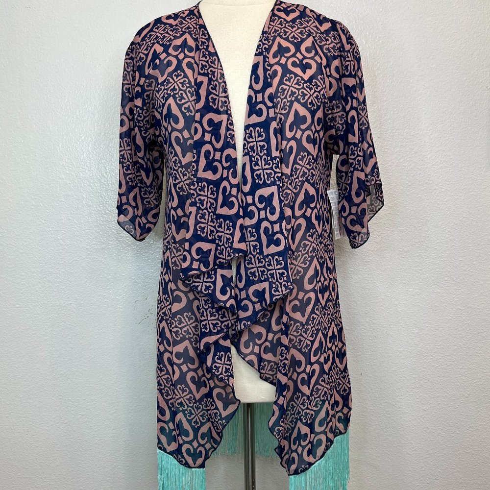 NWT LulaRoe Monroe Kimono Blueish Purple Mint Green Heart Print Size‎ S